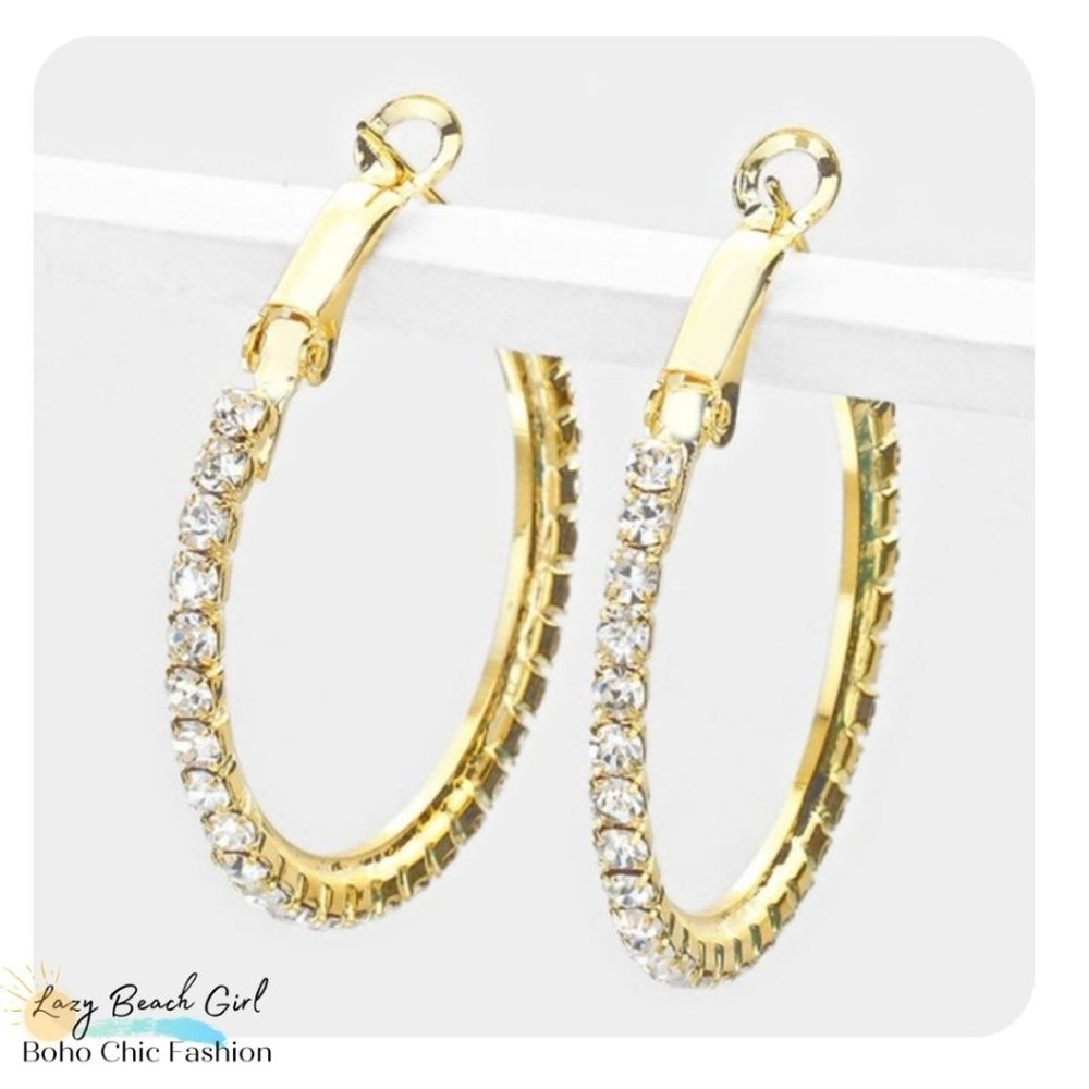 1.25" CRYSTAL RHINESTONE HOOP EARRINGS